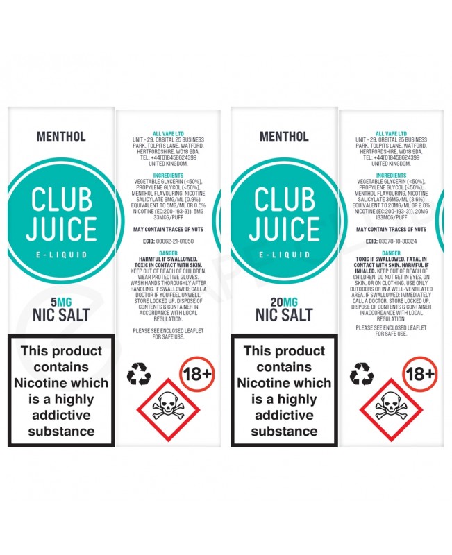 Menthol Nic Salt E-Liquid by Club Juice